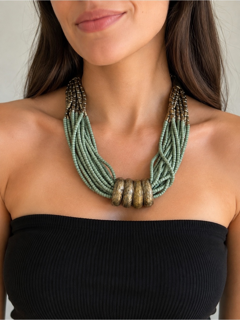 Boho Multi Strand Sage Green Beaded Statement Necklace